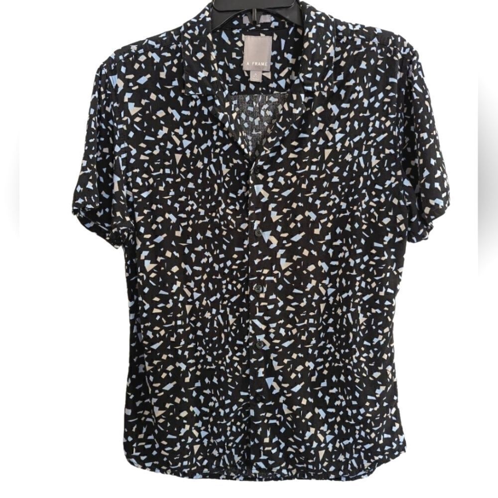 A-Frame Black gray blue confetti button down short sleeve shirt mens M Short